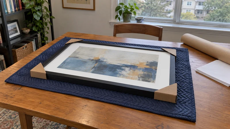 A framed print supported on padding with cardboard corner guards before further packing A framed print supported on padding with cardboard corner guards before further packing