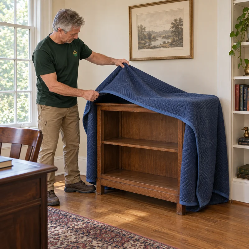 Uncovering a cabinet in its receiving room Mover lifting a moving blanket from a cabinet already positioned in a receiving room
