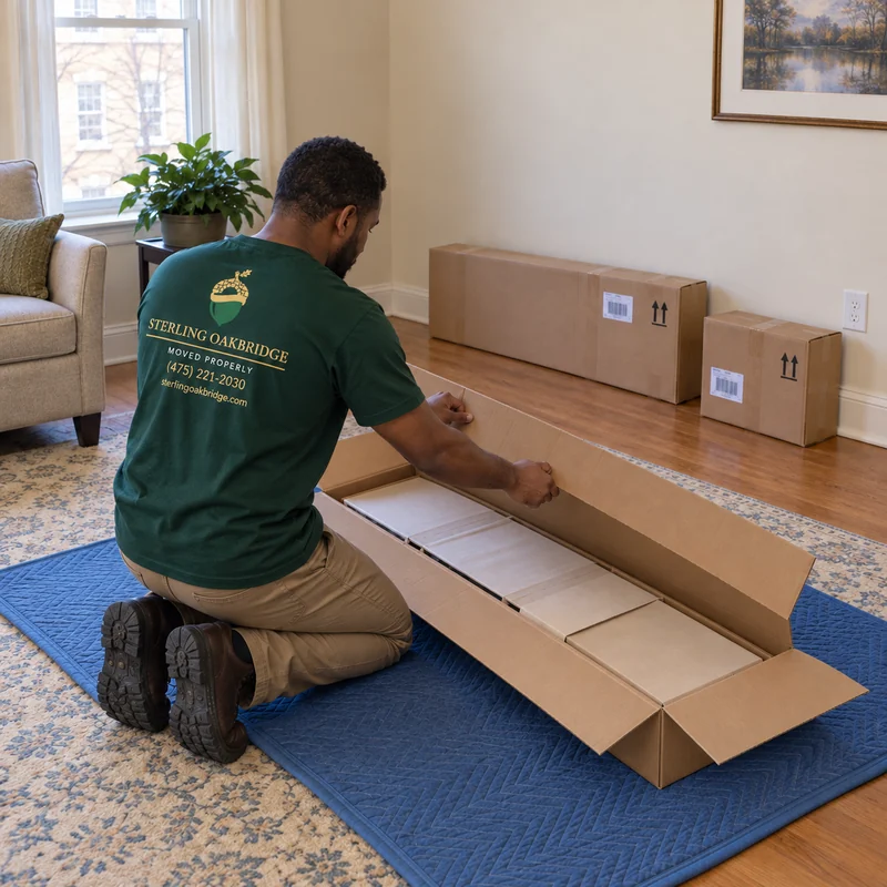 Opening a new furniture order before its first build Mover opening a new furniture panel carton with closed packages waiting at the wall