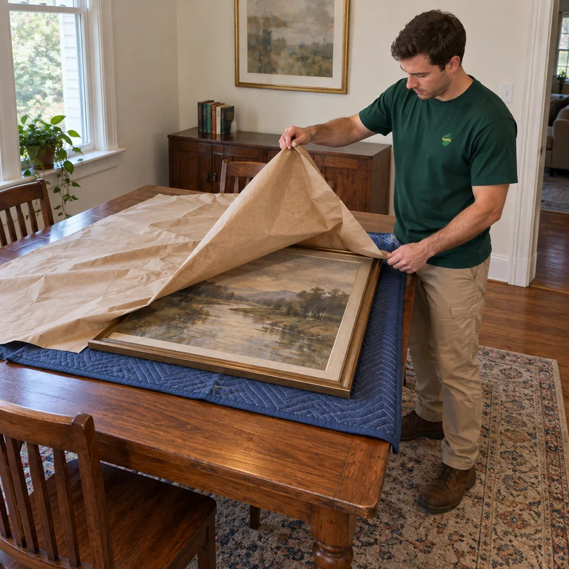 Unwrapping supported delivered artwork Mover lifting outer packing paper from a framed artwork supported on a padded home table
