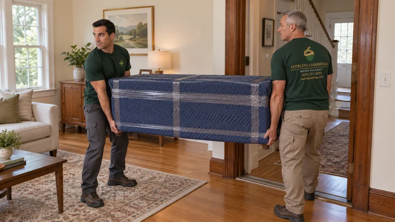Review the short carry and the inside turn Two movers supporting a protected sideboard during a short doorway-threshold transfer