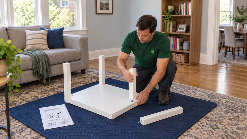 Use the real model and assembly method A mover hand-threading the third of four matching legs onto an inverted small side table