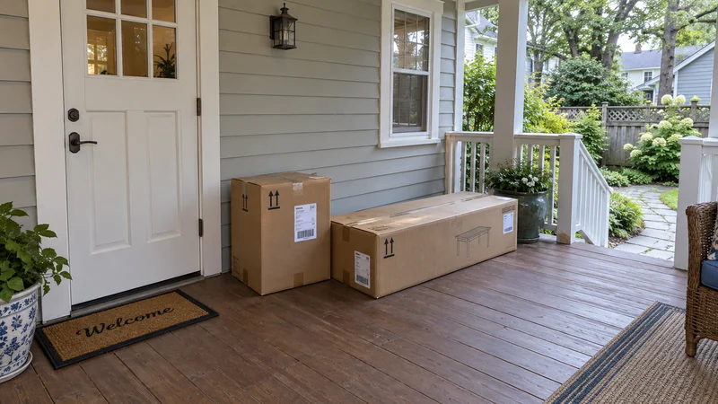 Finish the carry after an outdoor order arrives Two factory outdoor-furniture cartons under cover beside a clear porch entrance