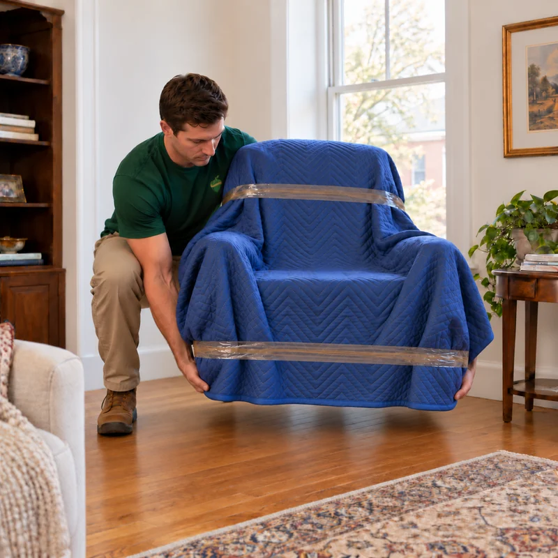 Lowering a delivered protected chair into position Mover supporting a protected chair under its seat while lowering it into a receiving room