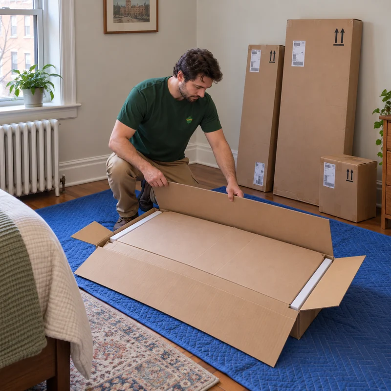 Opening a new panel order before its first build Mover opening the last major flap of a new furniture panel carton beside closed packages