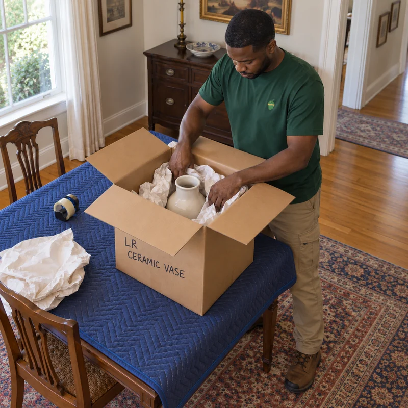 Paper cushioning around a small ceramic art object Mover arranging packing paper around a ceramic vase in an ordinary carton on a stable home table