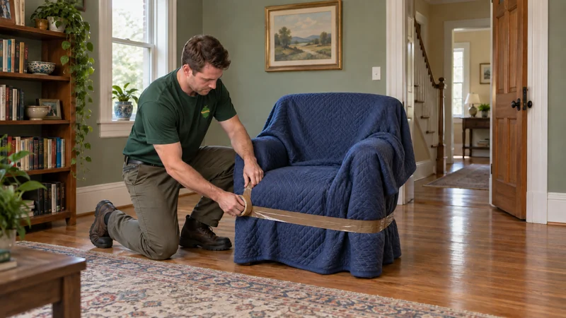 Prepare the purchase before the carry A mover securing protective blankets around an armchair before collection