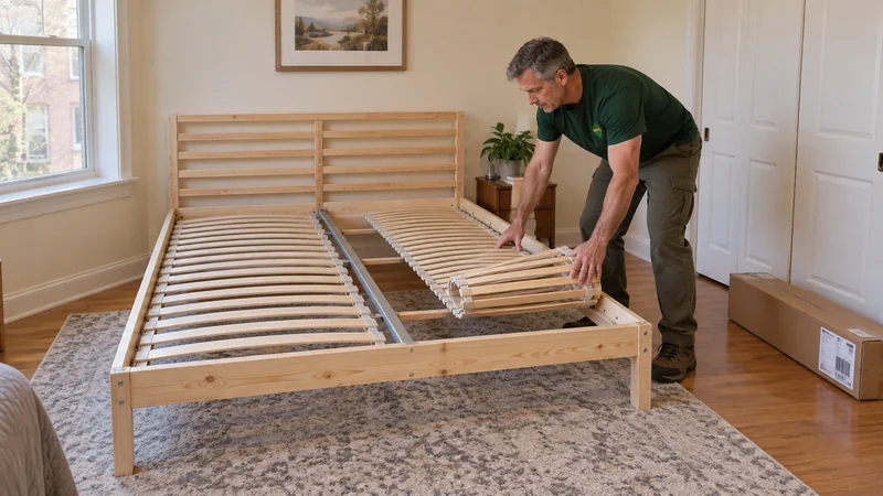 Include first assembly before the bed is usable A mover fitting a linked slat base into a newly assembled pine bed frame