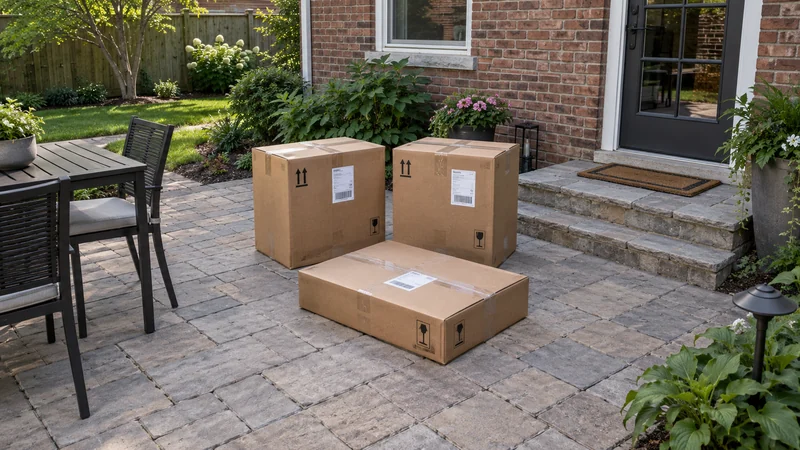 Separate the outdoor arrival from assembly Labeled outdoor-furniture cartons on a patio before first assembly
