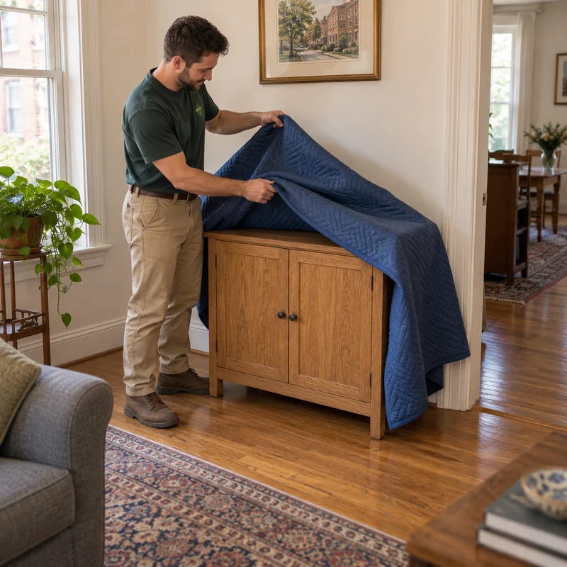 Removing protection after a console reaches its room Mover lifting the delivery quilt from a stationary console in a receiving rowhouse room