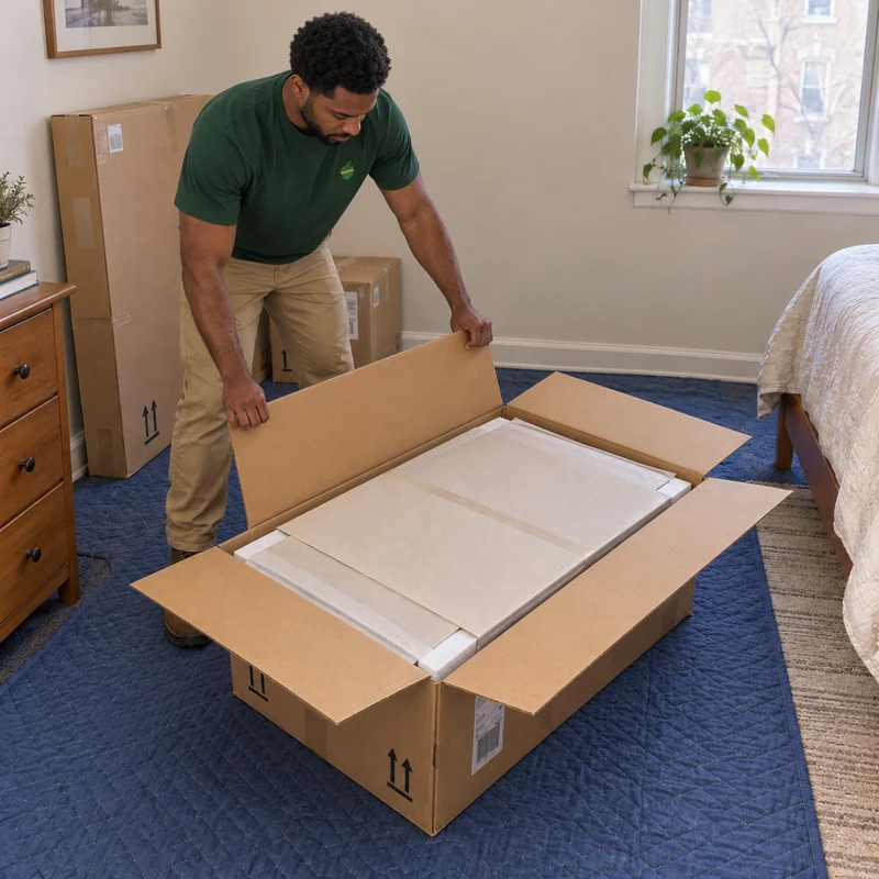 Opening a new storage order before first assembly Mover opening a real major flap on a new panel carton beside two closed companion packages