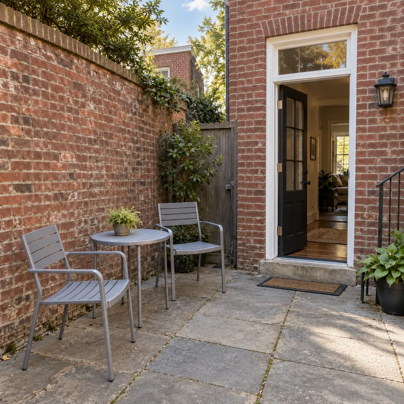 A courtyard set in its completed receiving position Two outdoor chairs and a small table positioned beside a clear courtyard entrance