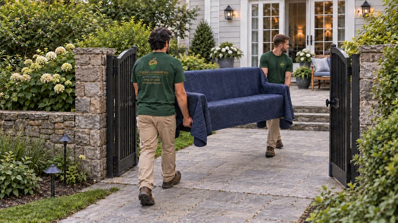 Two movers carrying a protected heavy garden bench through an open gate Two movers carrying a protected heavy garden bench through an open gate