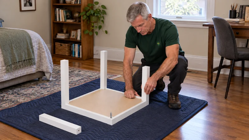 A mover hand-turning a small white side-table leg during model-specific first assembly A mover hand-turning a small white side-table leg during model-specific first assembly