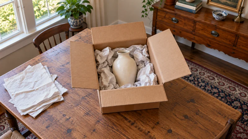 A ceramic vase cushioned with crumpled paper in an open corrugated carton A ceramic vase cushioned with crumpled paper in an open corrugated carton