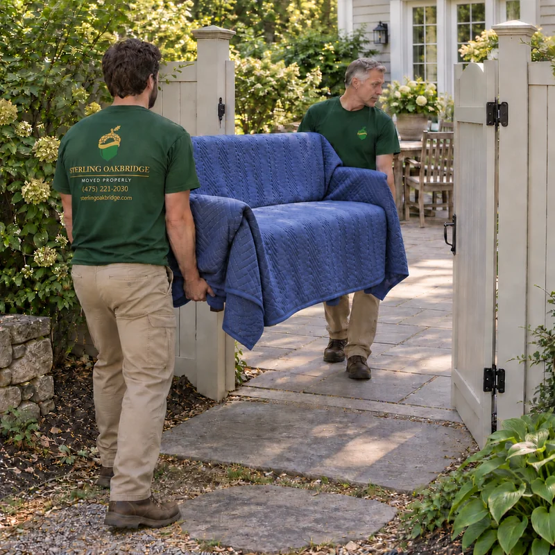 Two movers making a short inward carry of a protected large outdoor bench through a garden gate