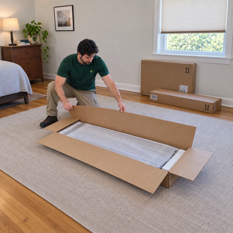 A mover opening a marked flat-pack furniture carton beside a clear apartment assembly area