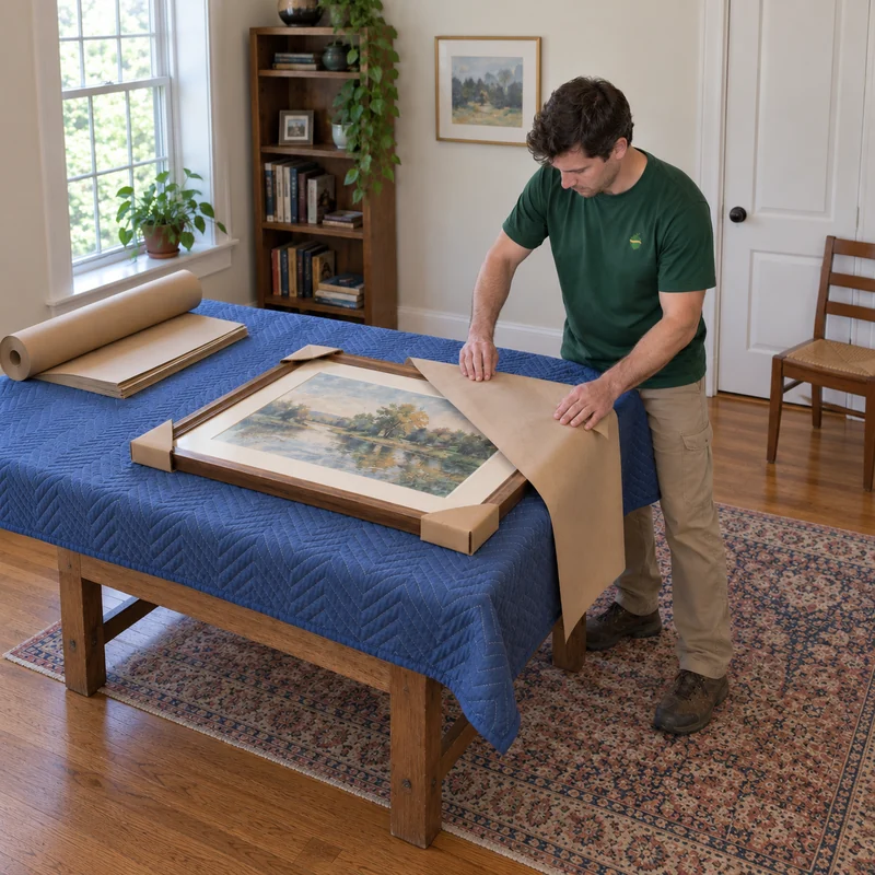 A mover folding outer packing paper over a fully supported generic framed painting