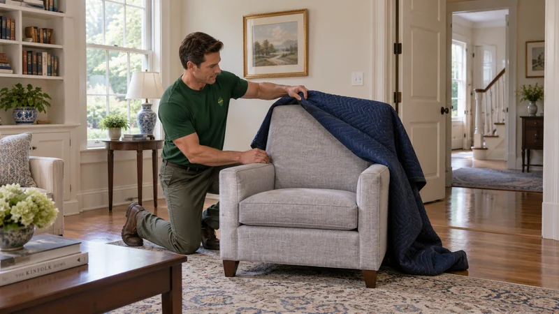 Finish the delivery in the receiving room A mover removing protective blankets from an armchair at its receiving position
