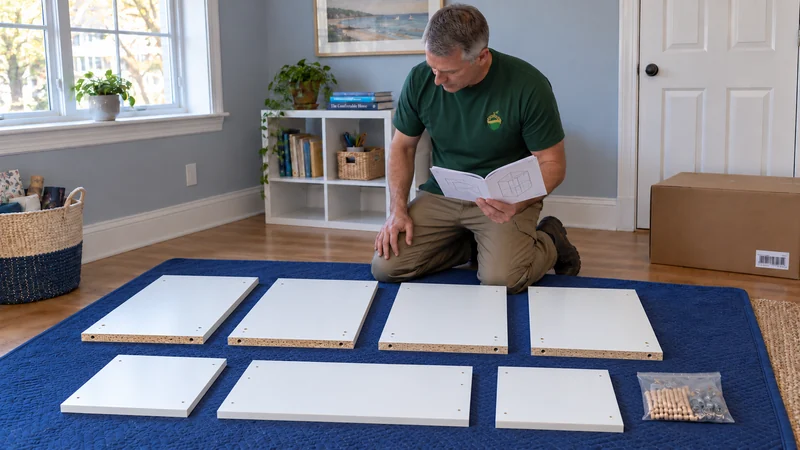 First assembly begins with a complete parts check A mover checking the complete shelf panel set and fittings against assembly instructions