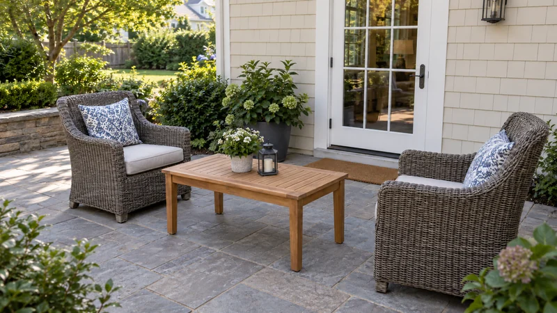 Plan the final outdoor position Outdoor chairs and an assembled four-leg table placed on a patio with a clear receiving route