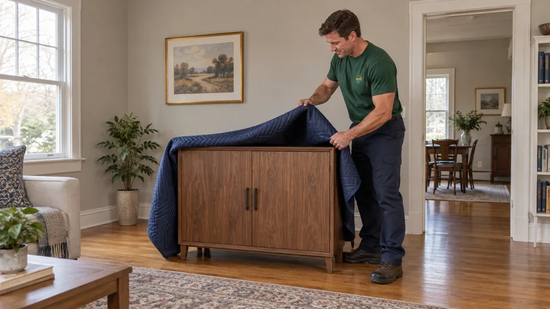 Finish delivery at the agreed room position A mover removing a protective blanket from a cabinet after room delivery