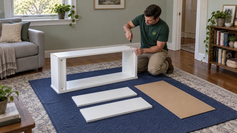 Follow the actual model and first-assembly sequence A mover turning a cam fitting during first assembly of a low bookcase on a padded work area