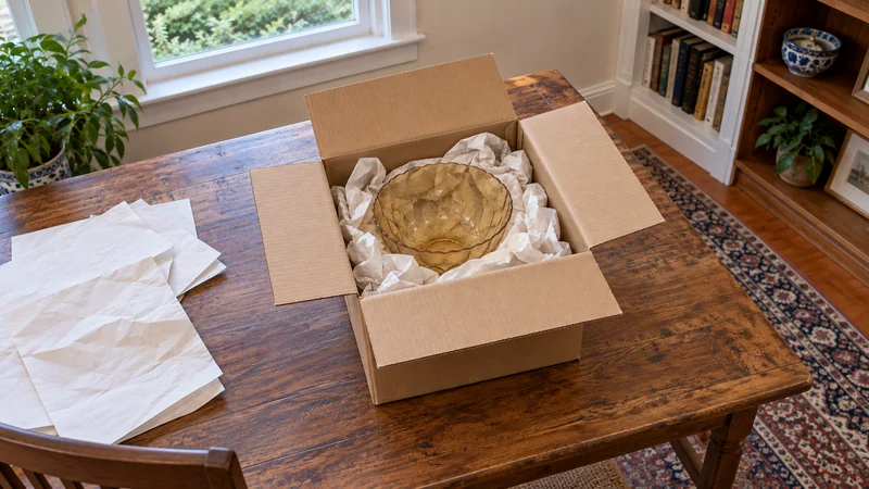 Review protection for the particular fragile object An ordinary glass decorative bowl cushioned with crumpled packing paper in an open corrugated carton