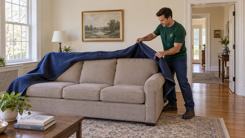 Finish the delivery at the receiving position A mover removing a protective blanket from a sofa after room delivery