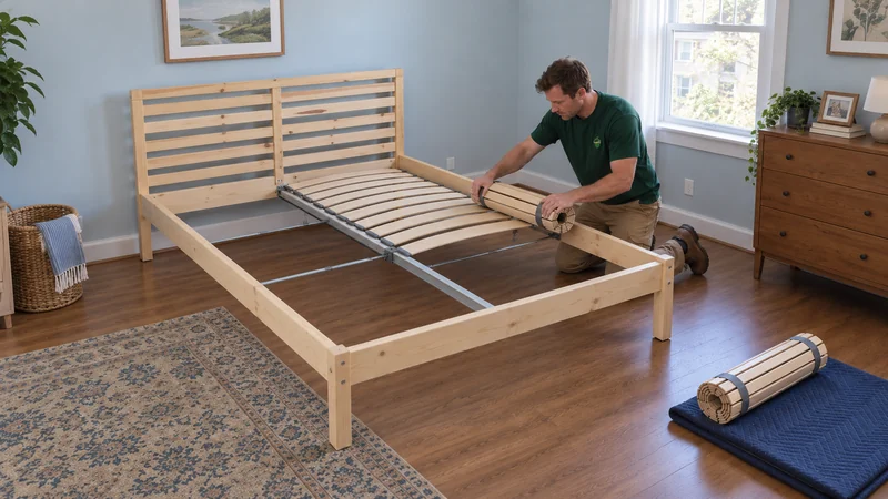 Follow the actual first-assembly stage A mover unrolling a supported slatted half-base during first assembly of a bed