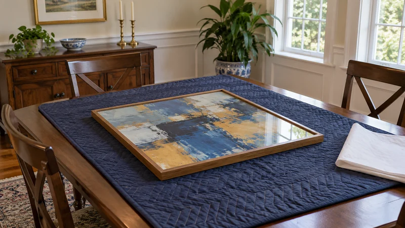 Separate artwork delivery from final installation A framed abstract artwork supported on a padded receiving-room table after unwrapping