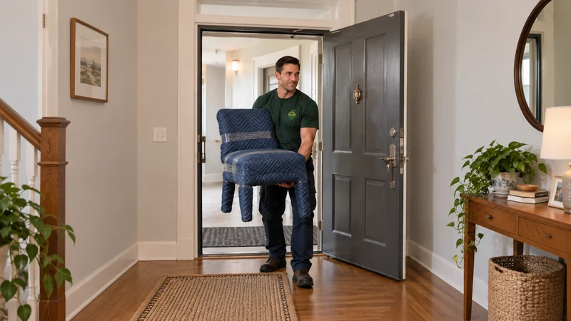 Review the remaining carry to the receiving room A mover supporting a fully protected four-legged chair during a short apartment entrance transfer