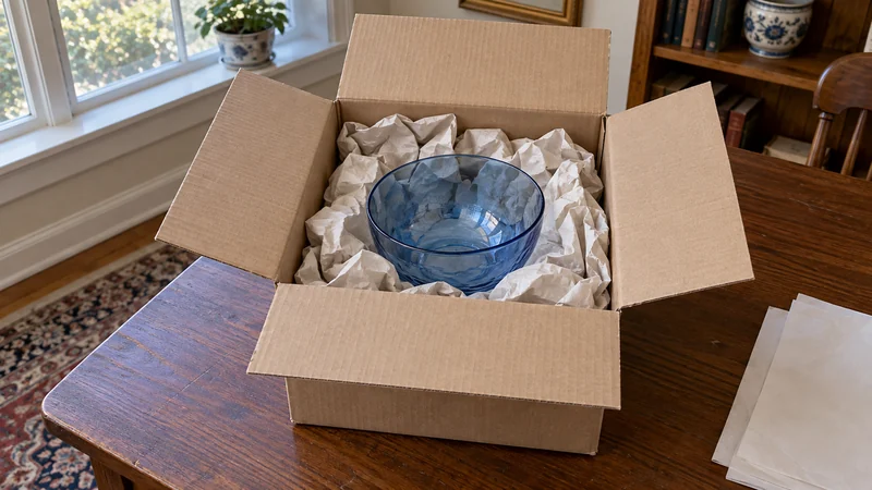 Match protection to the fragile purchase A blue glass decorative bowl cushioned with crumpled packing paper in an open corrugated carton