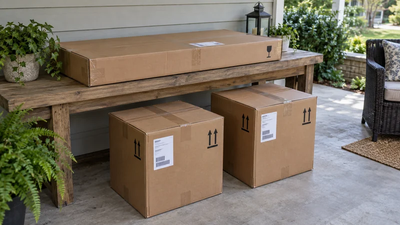 Identify the complete boxed outdoor order Three closed retail shipping cartons for an outdoor furniture order at a dry receiving position
