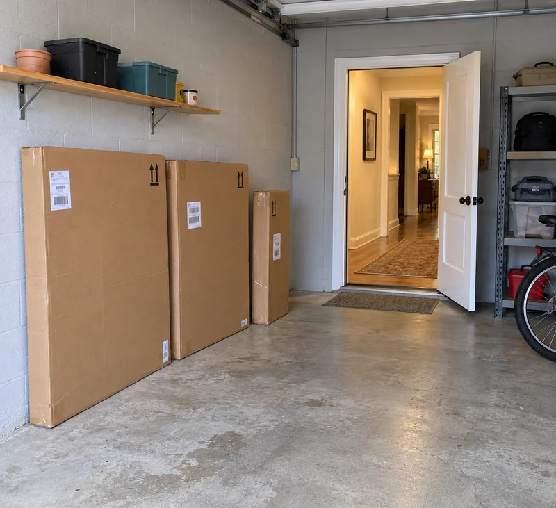 Received cartons and the remaining home route Three closed furniture delivery cartons beside a clear garage-to-house route