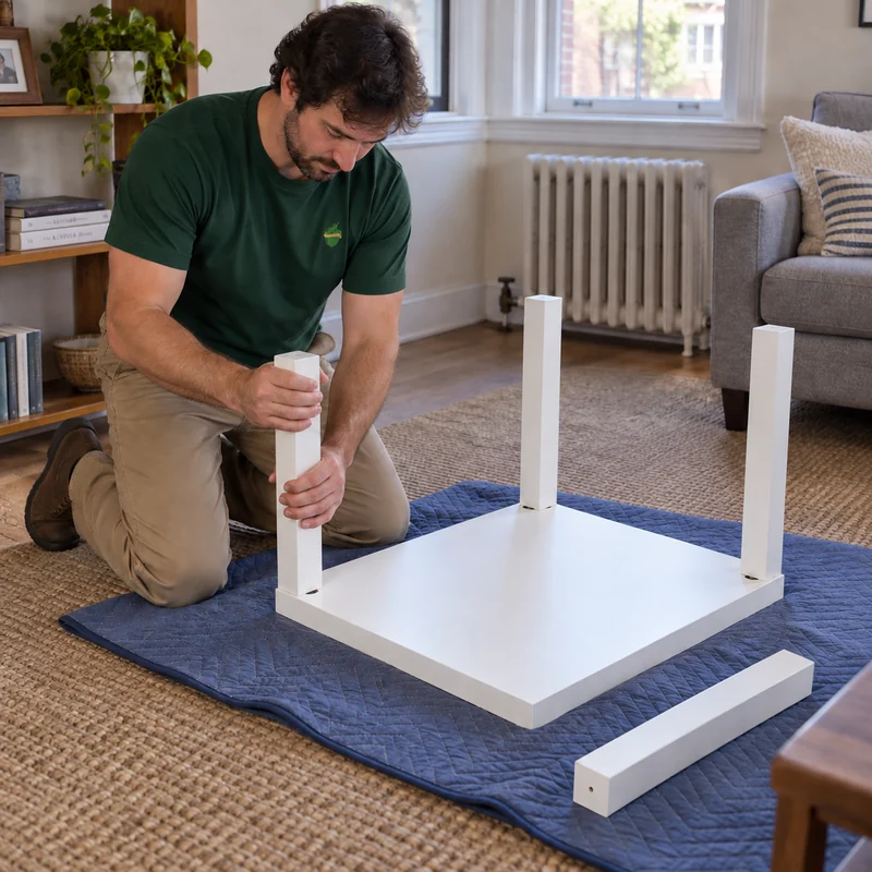 First side-table assembly from its actual instructions Mover hand-turning a corner leg during first assembly of a white square side table