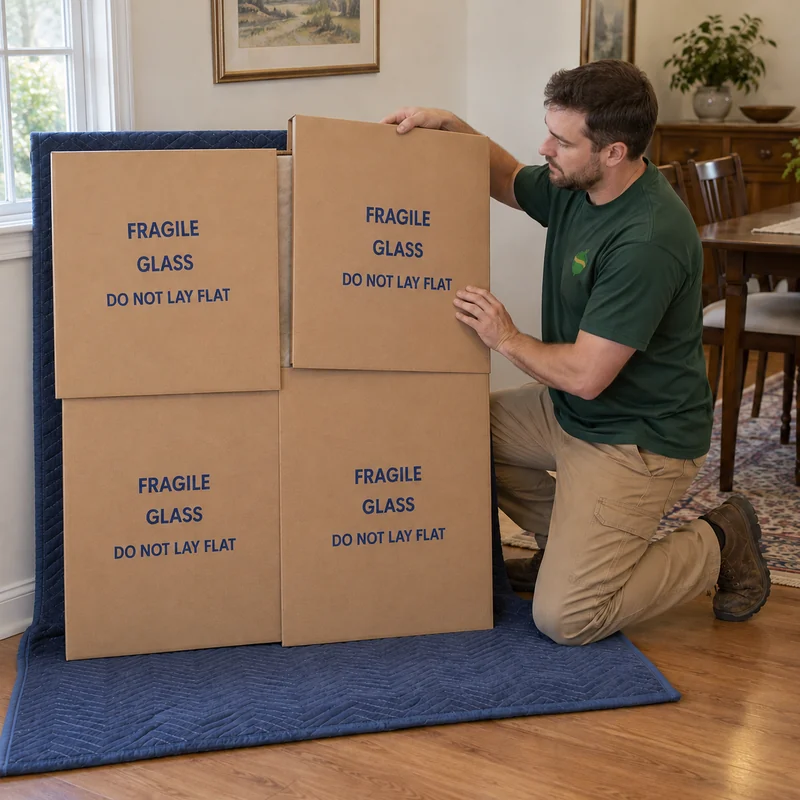 Fitting a four-piece picture carton Mover sliding a broad rectangular carton section onto an upright paper-protected framed artwork