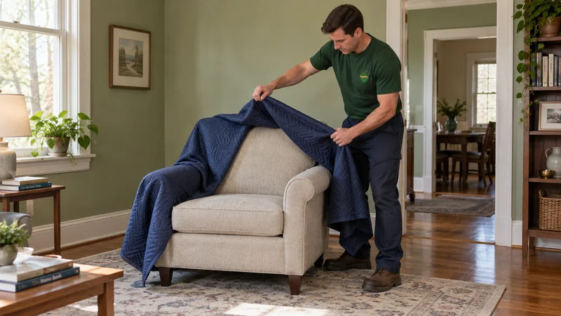 A mover removing a protective blanket from an armchair after room delivery