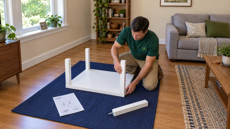 A mover hand-threading one of four matching legs during first assembly of a small side table