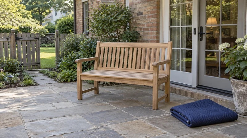 A teak outdoor bench at its patio receiving position after delivery and unwrapping