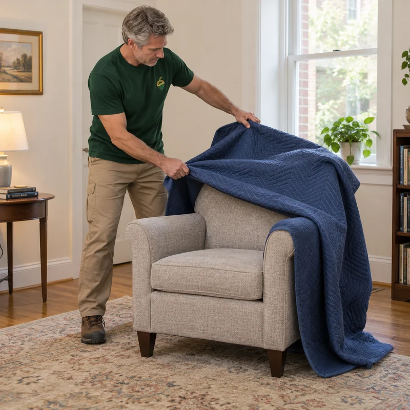 Unwrapping a delivered armchair in its room Mover lifting a real protective quilt from a stationary armchair after room placement