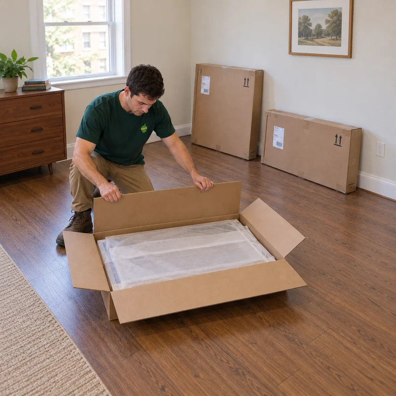 Opening a new furniture order before its first build Mover opening a shallow retail panel carton in a clear bedroom assembly area
