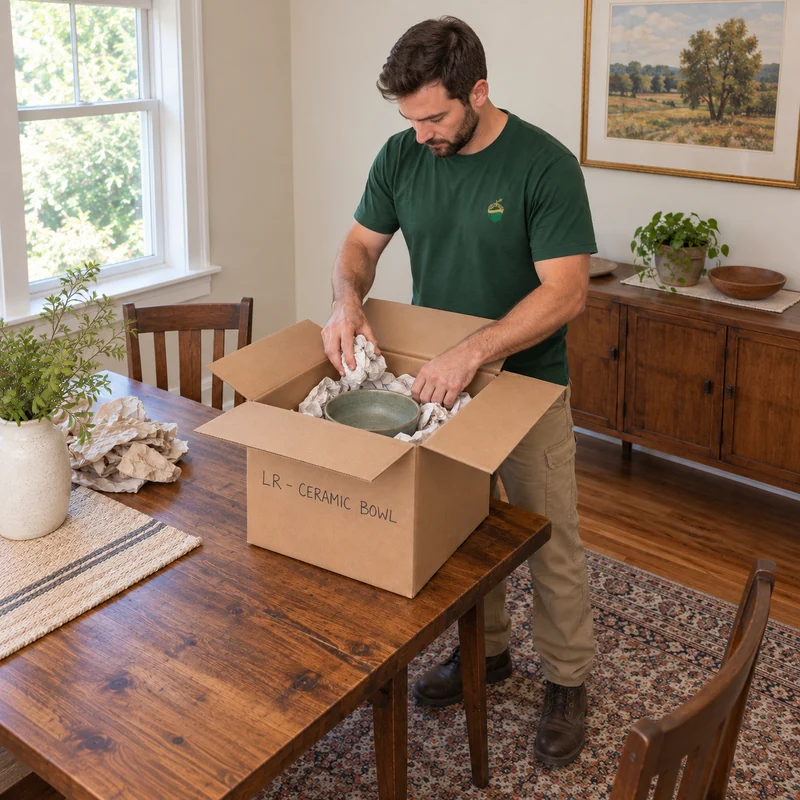 Paper protection for a ceramic art object Mover adding crumpled packing paper around a ceramic bowl inside an ordinary corrugated carton