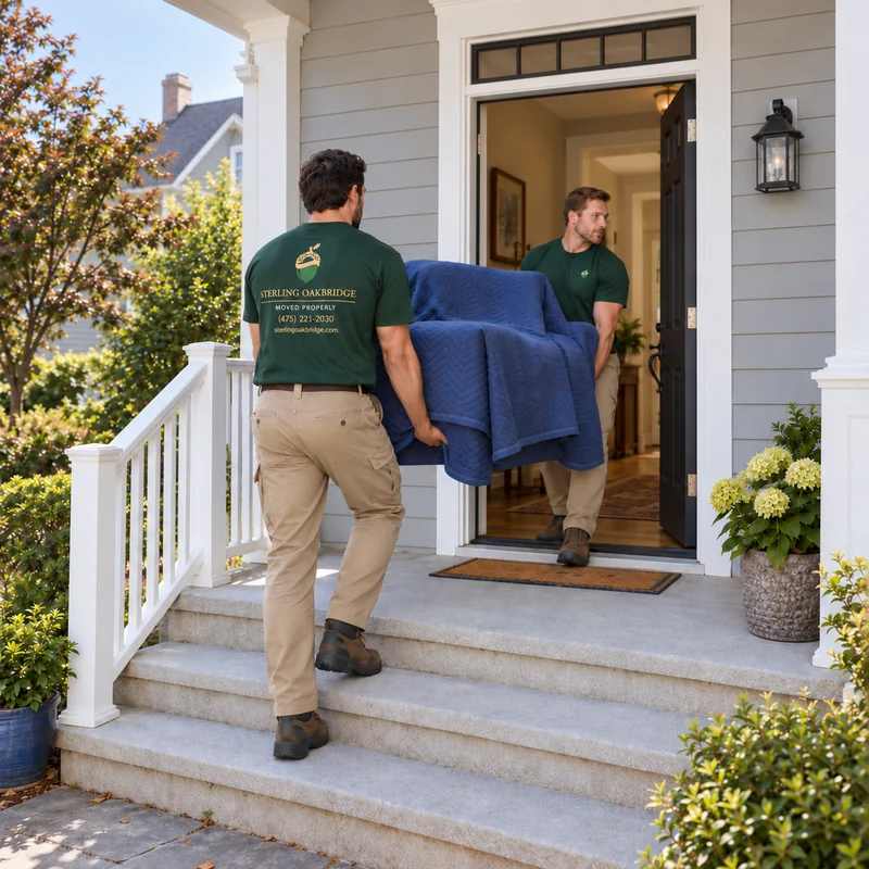 Protected chair delivery through a stepped entrance Two movers carrying a protected bulky armchair through a short stepped house entrance