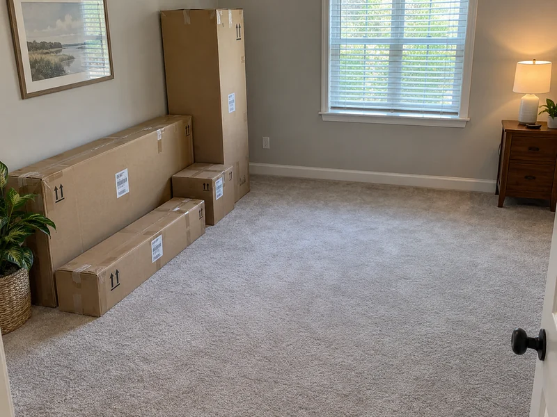 Retail flat-pack cartons before first assembly Marked retail furniture cartons waiting beside a clear bedroom assembly area