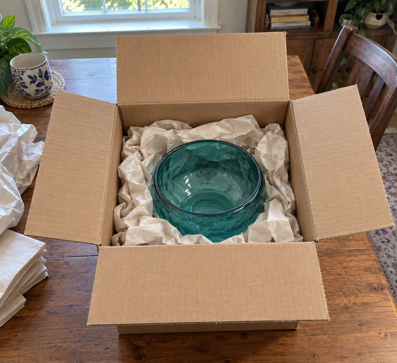Paper protection for a fragile glass purchase A decorative glass bowl supported by crumpled packing paper in a regular corrugated carton