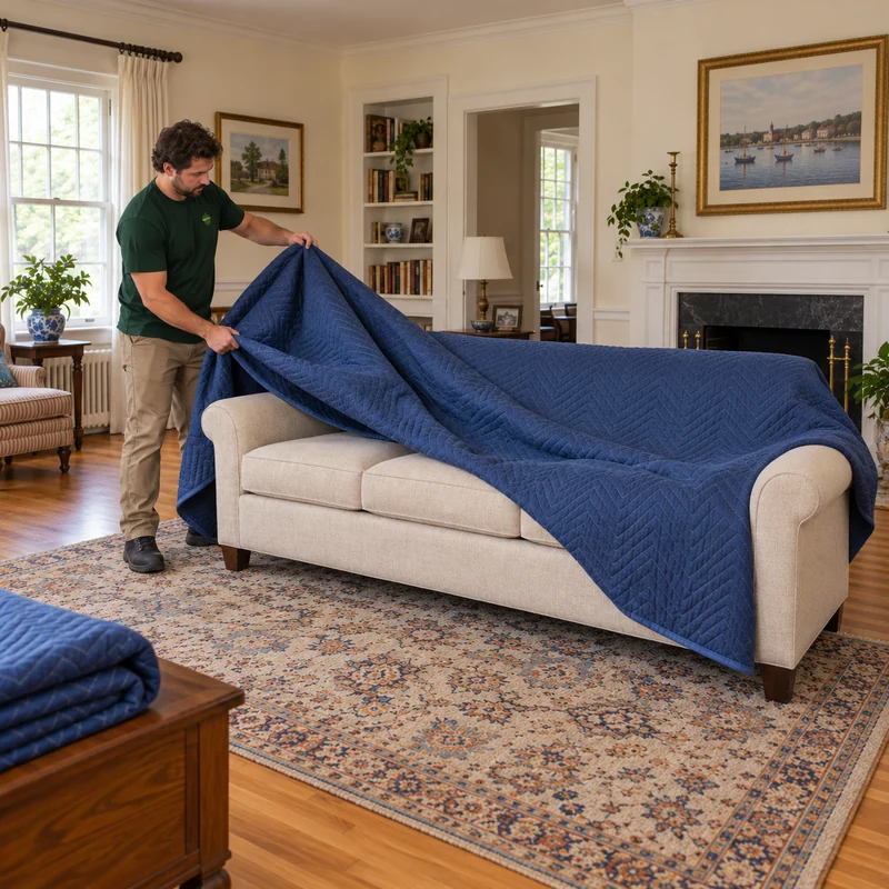 Unwrapping a sofa after room placement A mover lifting a moving quilt from a sofa already placed in its receiving room