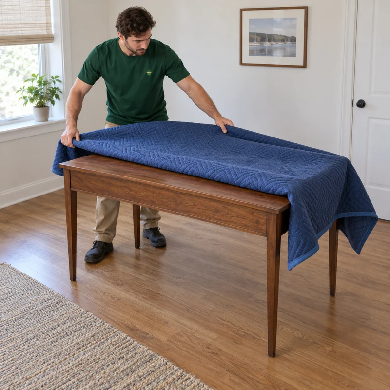 Protecting a tabletop before appropriate dismantling A mover laying a moving quilt over an assembled four-leg writing desk before any leg removal