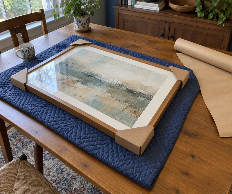 Framed art preparation before outer packing A framed generic abstract painting supported on a quilt with corner guards before its outer packing