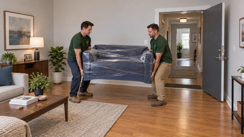 Check the complete apartment receiving route Two movers supporting a protected loveseat at opposite ends inside an apartment receiving doorway
